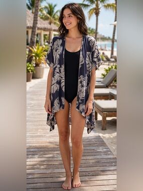 Jasmine Navy and Cream/Grey Leaf-Print Open Front Tunic